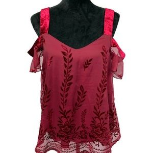 Burgundy Overlay and Velvet Cold Shoulder Top